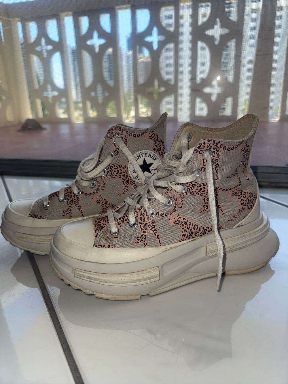 Converse Women's High Top Platform Sneakers in Beige with Pink Leopard - Picture 1 of 4